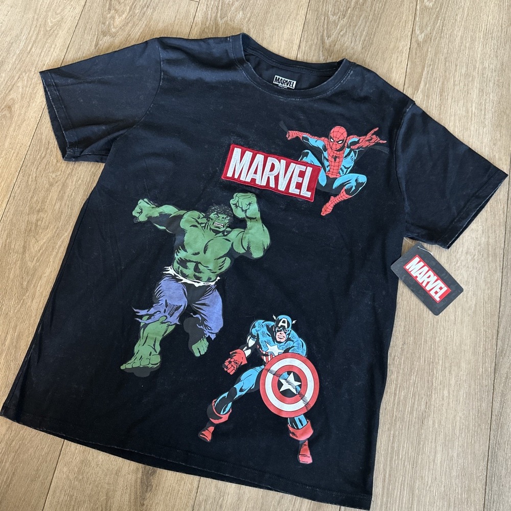 Marvel Super Hero Men's Tee Black Acid‎ Wash Embroidered Logo Graphic Both Sides